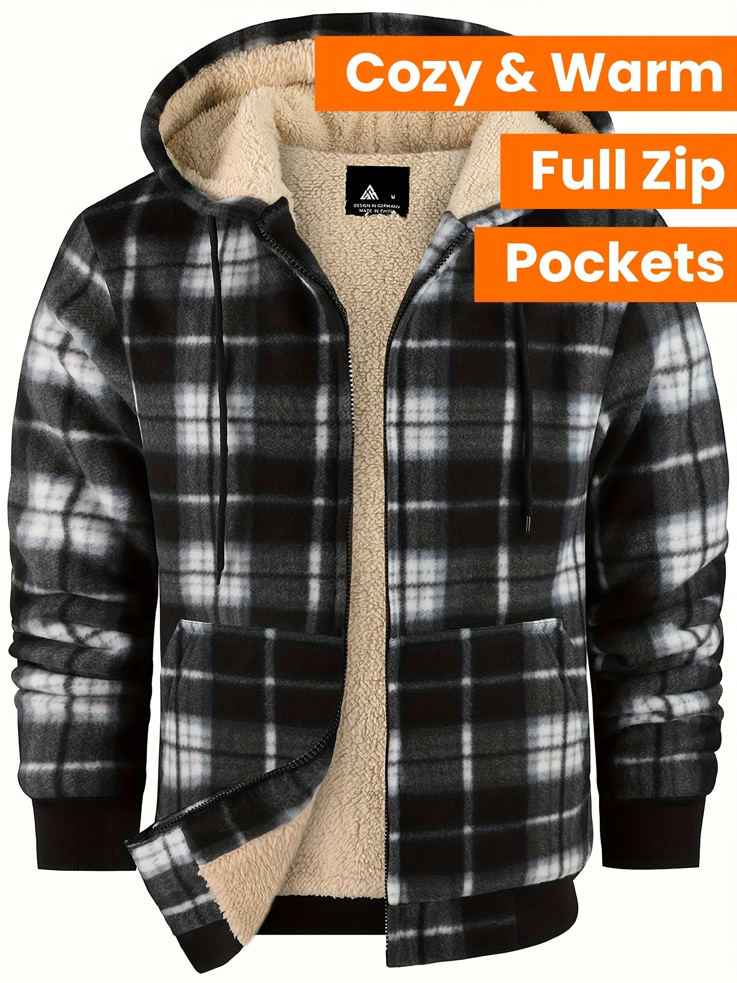 Veste ¨¤ capuche doubl¨¦e en polaire pour homme - Motif ¨¤ carreaux, fermeture ¨¦clair int¨¦grale, manteau d'hiver chaud avec poches, style d¨¦contract¨¦ pour l'automne\u002Fhiver, veste d'hiver