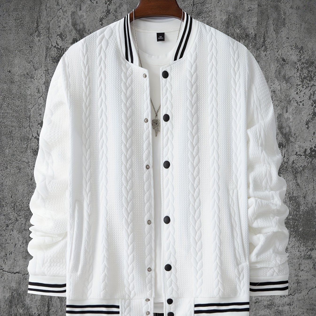 Veste de baseball jacquard ¨¤ rayures pour homme, manteau ¨¤ manches longues d¨¦contract¨¦ et ¨¦l¨¦gant pour ext¨¦rieur