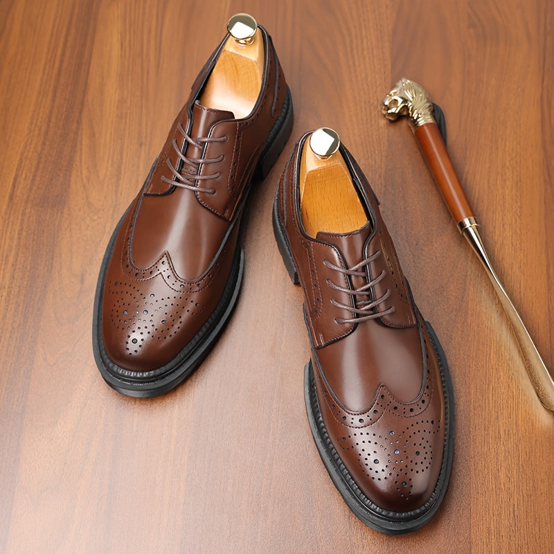 Men's Genuine Leather Business Casual Shoes - Breathable Low-Top Lace-Up Formal & Semi-Formal Footwear with Thick Rubber Sole, Pointed Toe, Black for Office & Casual Wear