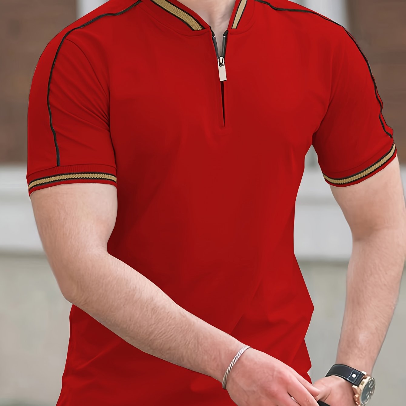 Men's Casual Short Sleeve Shirt - Breathable Moisture-Wicking Fabric, Stand Collar with Contrast Inlaid Lines & Half-Zipper Front, Sporty Solid Color Design for Summer Outdoor Sports & Casual Wear, Active Lifestyle Apparel, Comfortable Fit