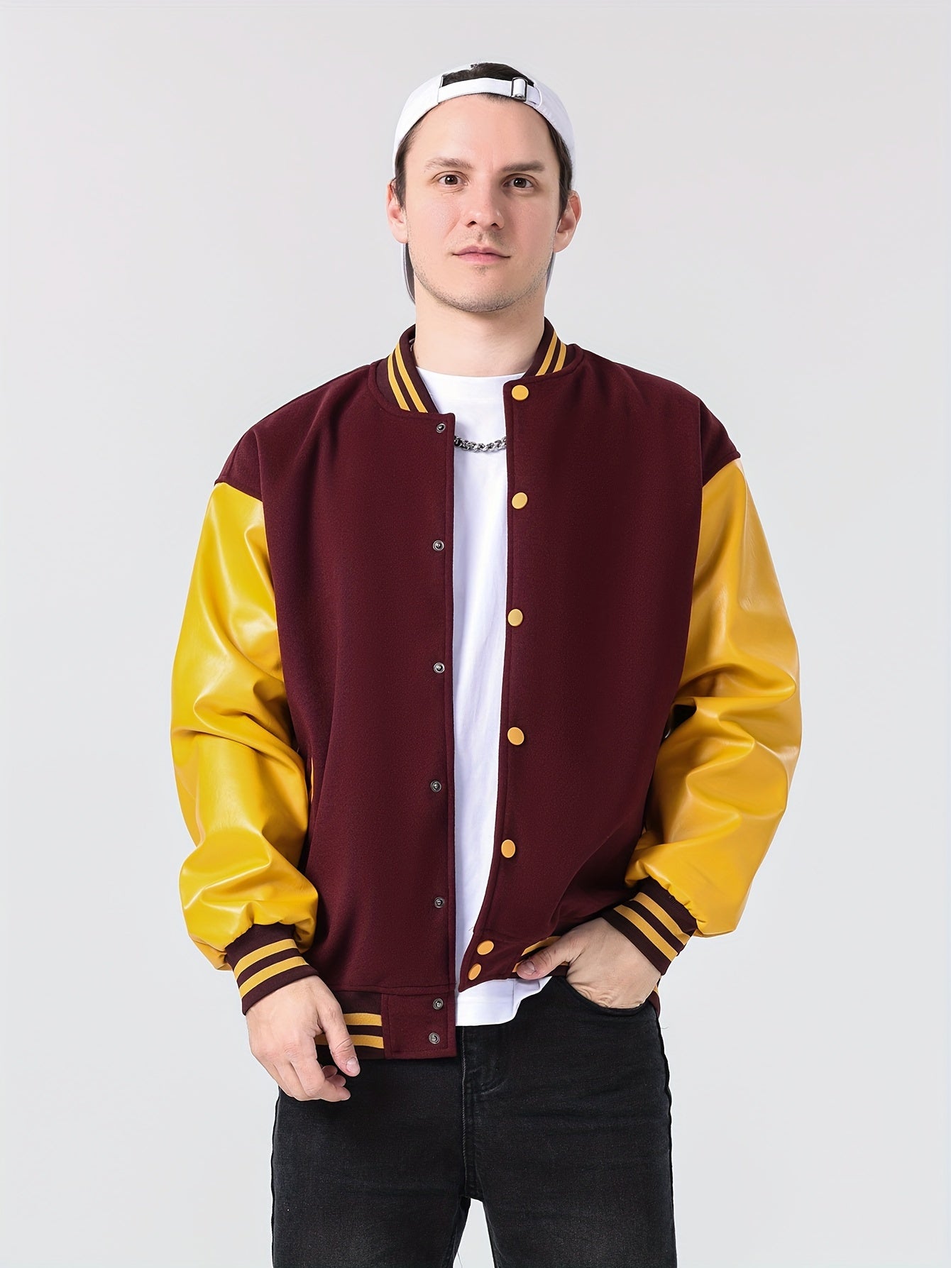 Varsity Baseball Jackets Men's Color Block Bomber Jacket Comfy Stylish Spring and Autumn Coats Casual Breathable Button Up Outerwear with Pockets for Sports