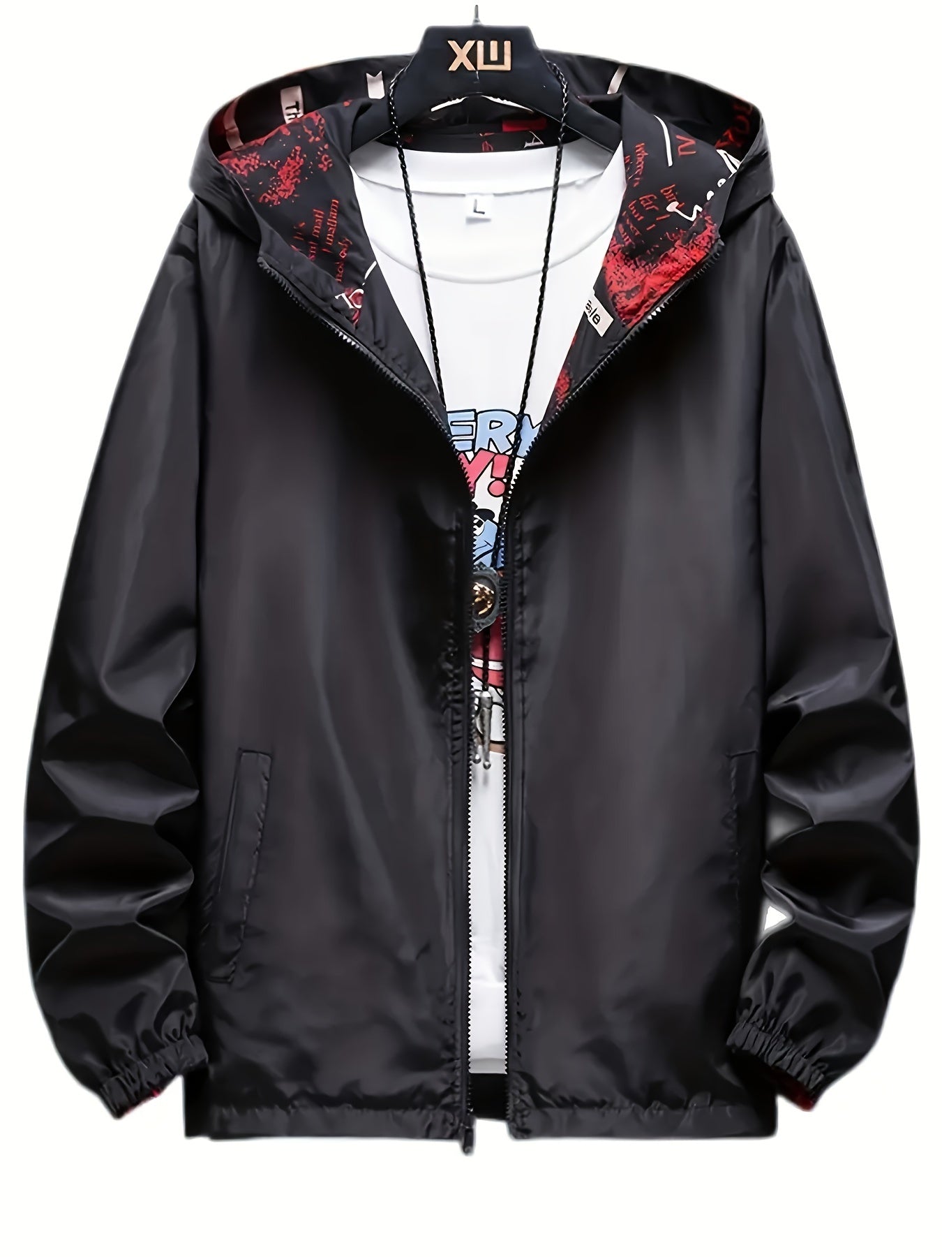 Veste ¨¤ capuche d¨¦contract¨¦e pour hommes avec impression de lettres, veste coupe-vent chic pour le sport et l'¨¦cole