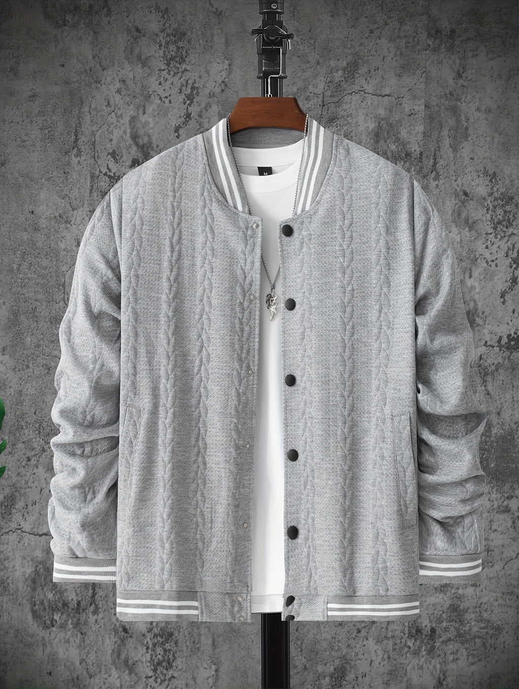 Veste de baseball jacquard ¨¤ rayures pour homme, manteau ¨¤ manches longues d¨¦contract¨¦ et ¨¦l¨¦gant pour ext¨¦rieur