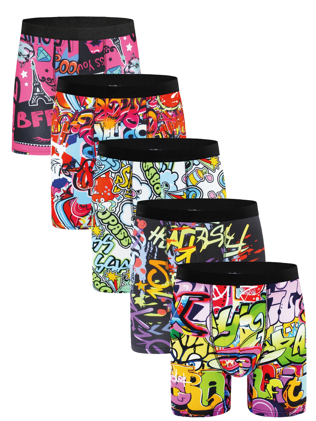10pcs Boxers Longs pour Hommes ¨¤ Imprim¨¦ Graffiti - Respirants, M¨¦lange de Polyester Extensible, Sous-v¨ºtements Non-Transparents