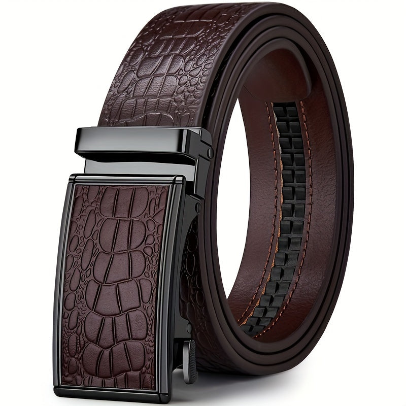 Ceinture en Cuir V¨¦ritable pour Homme WilliamPOLO avec Boucle Automatique, Ceinture Noire Ajustable pour Tenue D¨¦contract¨¦e d'Affaires