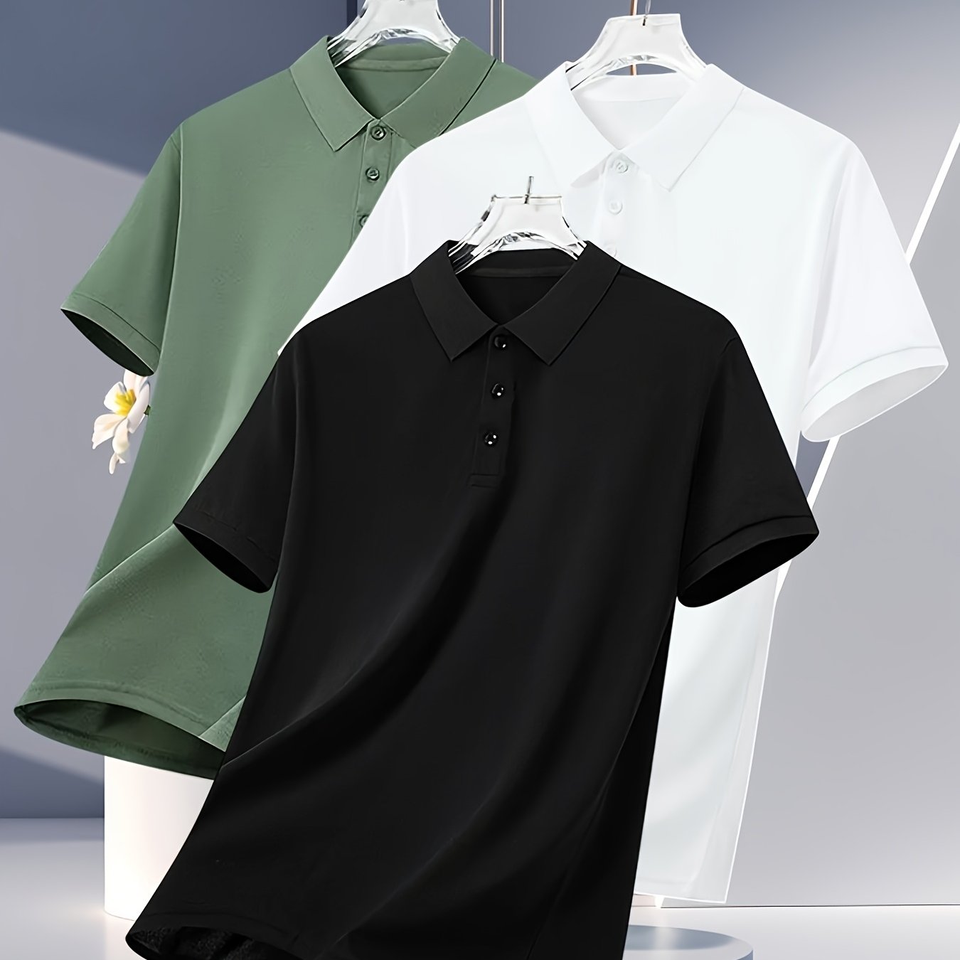 3pcs Men's Summer Shirts - Breathable Short Sleeve Casual & Business Casual Tops with Classic Collar, Loose Fit, Solid Color (Navy\u002FOlive\u002FBlack) - 2025 Trending Styles