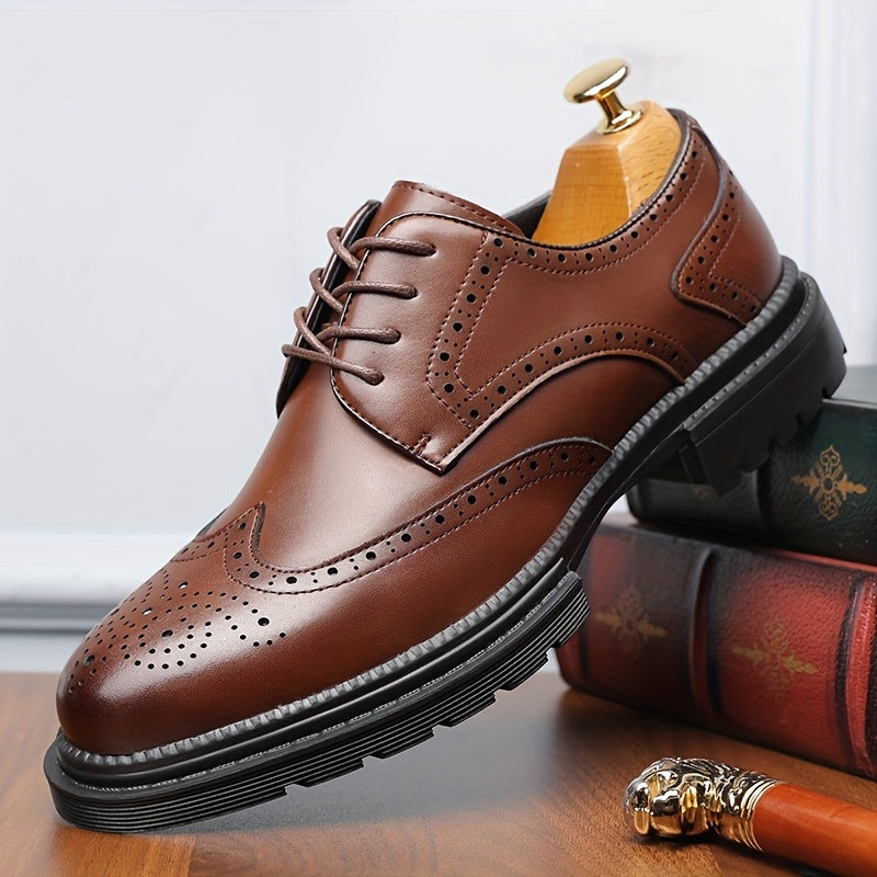 Men's Genuine Leather Business Casual Shoes - Breathable Low-Top Lace-Up Formal & Semi-Formal Footwear with Thick Rubber Sole, Pointed Toe, Black for Office & Casual Wear