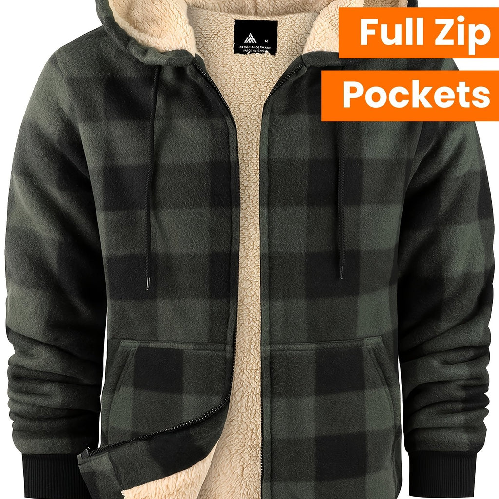 Veste ¨¤ capuche doubl¨¦e en polaire pour homme - Motif ¨¤ carreaux, fermeture ¨¦clair int¨¦grale, manteau d'hiver chaud avec poches, style d¨¦contract¨¦ pour l'automne\u002Fhiver, veste d'hiver