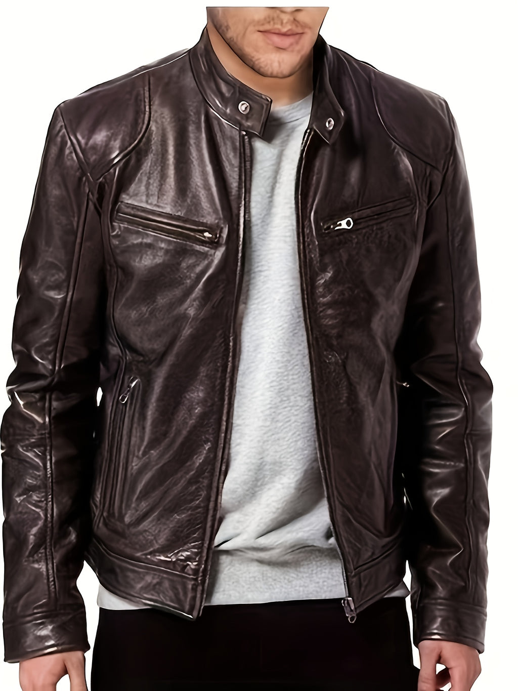 Veste bomber en cuir synth¨¦tique pour hommes - D¨¦contract¨¦e, tendance, veste de moto avec fermeture ¨¦clair et poches, design ¨¤ blocs de couleur marron et noir