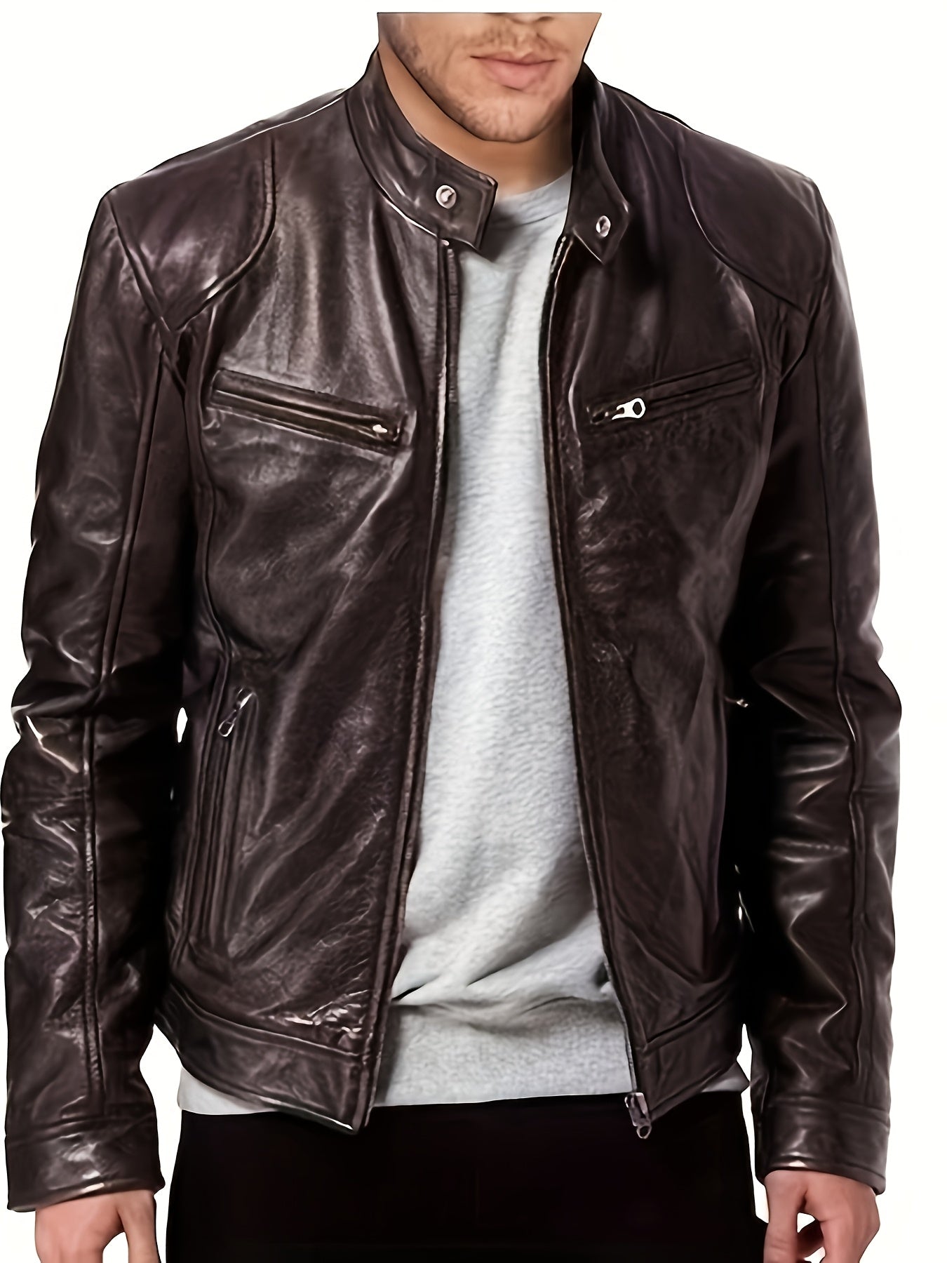Veste bomber en cuir synth¨¦tique pour hommes - D¨¦contract¨¦e, tendance, veste de moto avec fermeture ¨¦clair et poches, design ¨¤ blocs de couleur marron et noir
