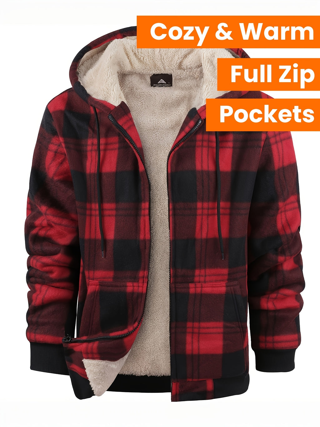 Veste ¨¤ capuche doubl¨¦e en polaire pour homme - Motif ¨¤ carreaux, fermeture ¨¦clair int¨¦grale, manteau d'hiver chaud avec poches, style d¨¦contract¨¦ pour l'automne\u002Fhiver, veste d'hiver