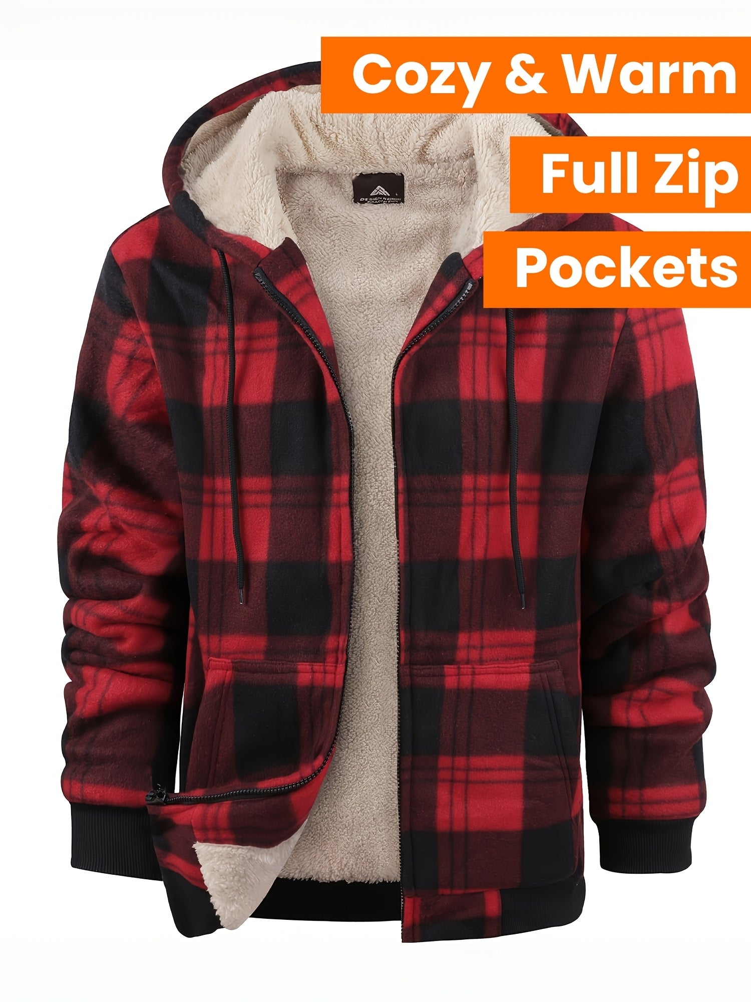 Veste ¨¤ capuche doubl¨¦e en polaire pour homme - Motif ¨¤ carreaux, fermeture ¨¦clair int¨¦grale, manteau d'hiver chaud avec poches, style d¨¦contract¨¦ pour l'automne\u002Fhiver, veste d'hiver