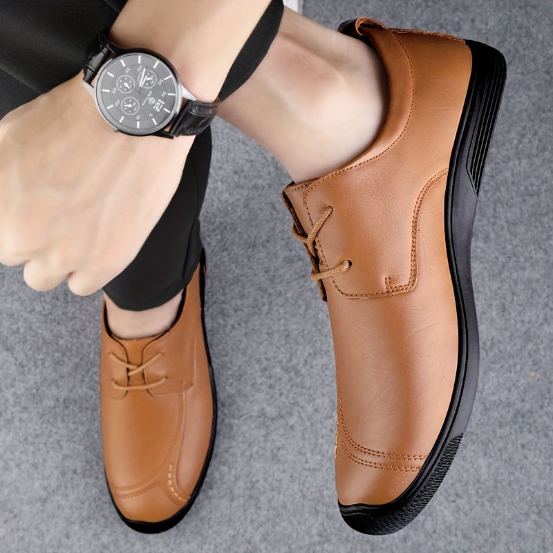 LUOQIRUI Men's Genuine Leather Casual Shoes - British Style Lace-Up Low-Top Oxfords with Soft Rubber Sole, Breathable & Durable for Business Casual & Casual Attire, Tan, Comfortable Footwear | Classic Shoe Design | Smooth Texture Finish