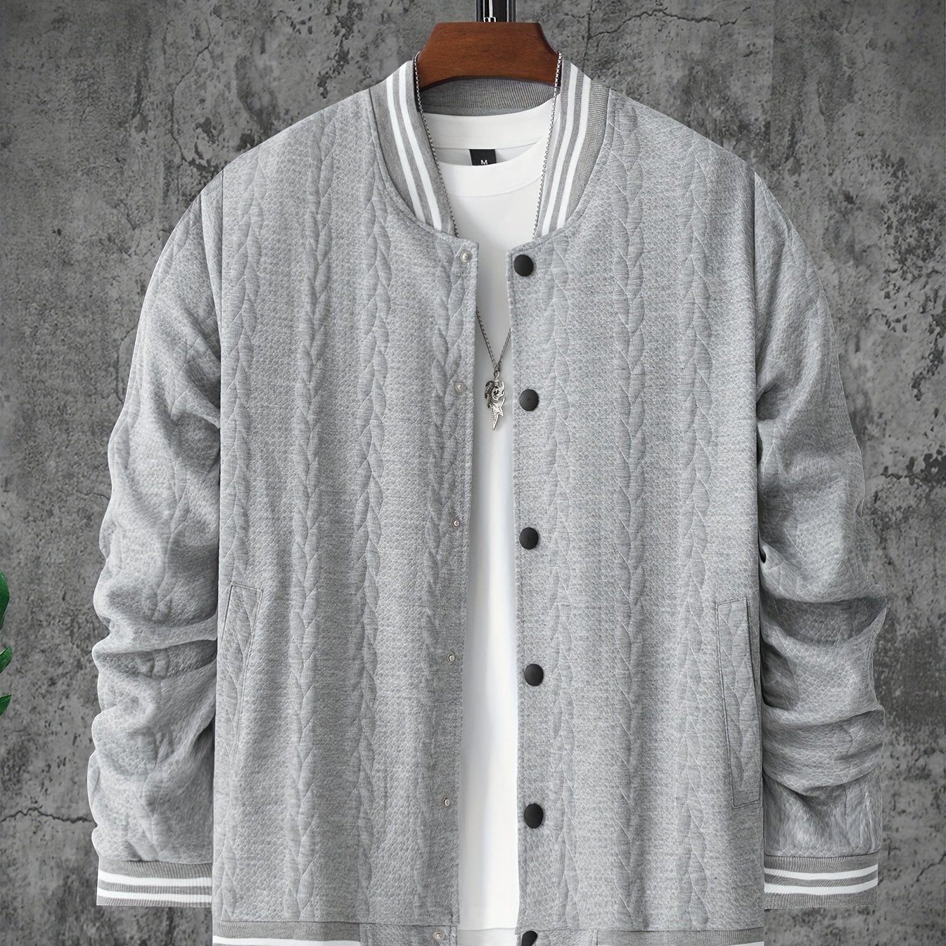 Veste de baseball jacquard ¨¤ rayures pour homme, manteau ¨¤ manches longues d¨¦contract¨¦ et ¨¦l¨¦gant pour ext¨¦rieur