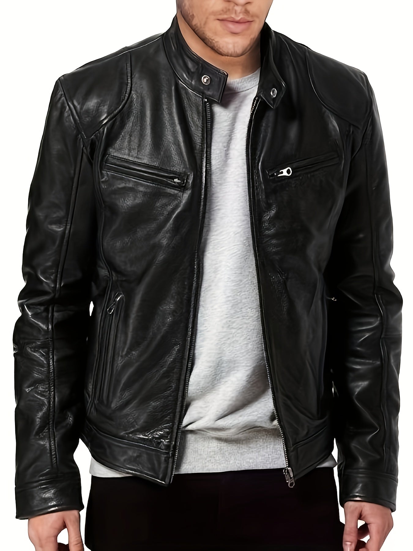 Veste bomber en cuir synth¨¦tique pour hommes - D¨¦contract¨¦e, tendance, veste de moto avec fermeture ¨¦clair et poches, design ¨¤ blocs de couleur marron et noir