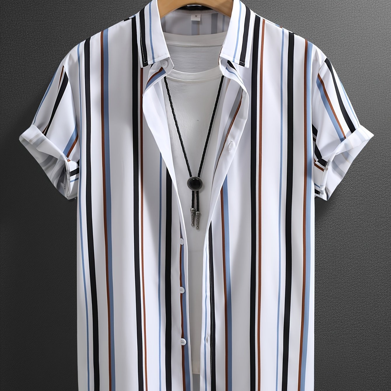 Men'S Casual Summer Short Sleeve Button-Up Shirt - White with Blue, Black, and Orange Vertical Stripes, Non-Stretch Fabric, Perfect for Weekend Outings, Casual Attire|Striped Shirt|Nonstretch Fabric
