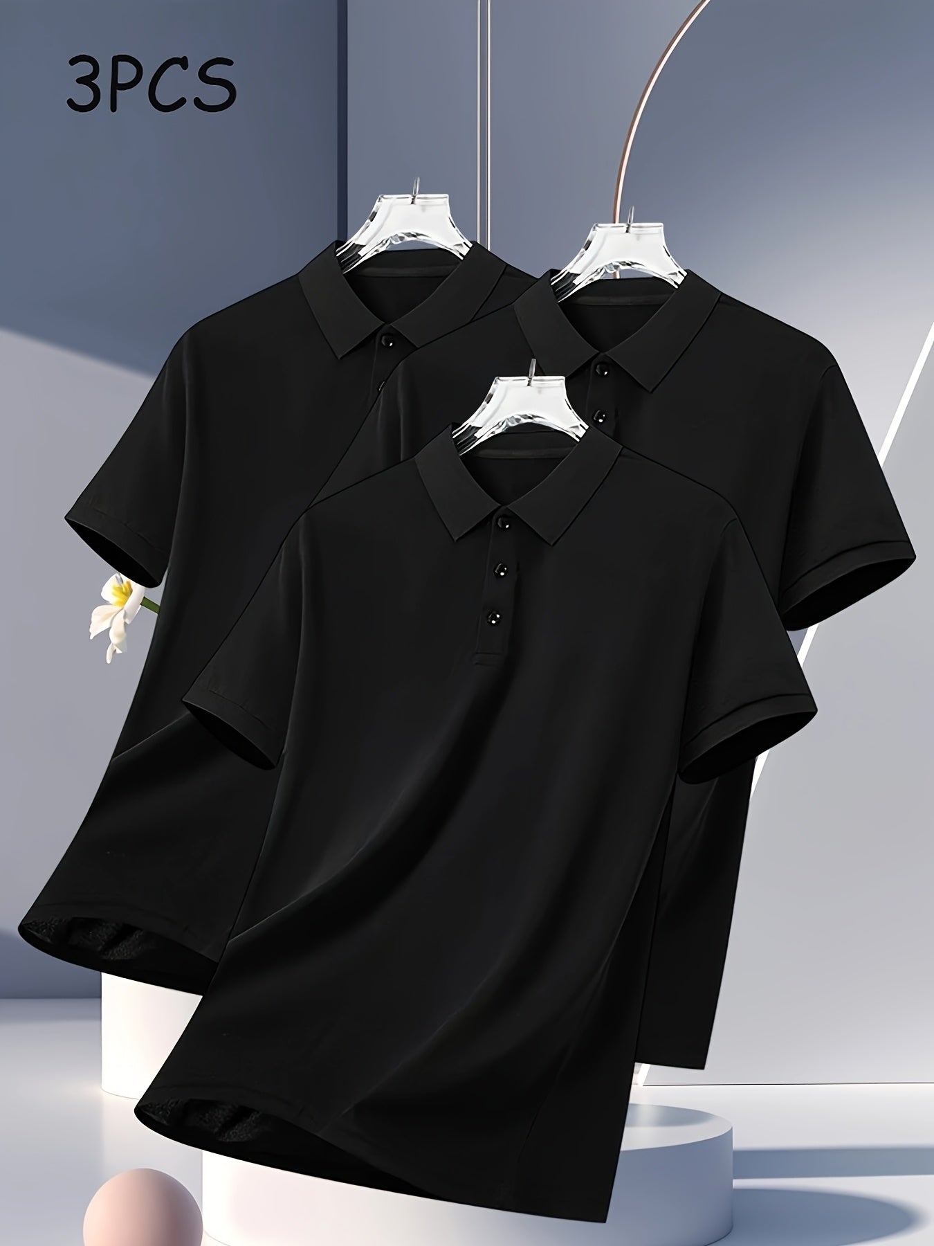 3pcs Men's Casual Shirts - Breathable Polyester, Button-Up, Short Sleeve in Black, White, & Navy - Ideal for Summer Sports & Leisure