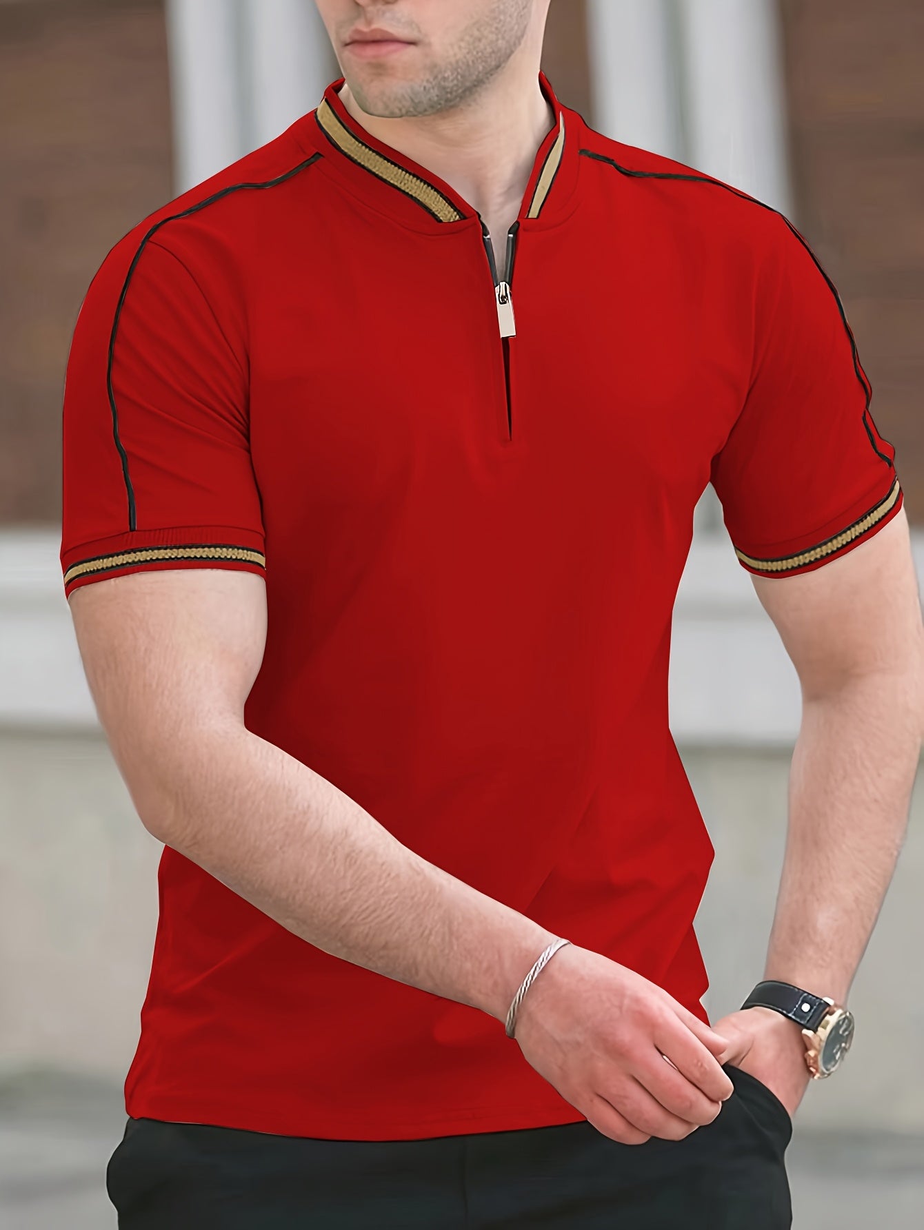 Men'S Casual Short Sleeve Polo Shirt - Beige with Black Side Stripes, Comfortable Breathable Fabric, Mandarin Collar, Zipper Detail, Perfect for Sports, Outdoor Activities & Casual Wear, Sports Casual Wear | Minimalist Design | Comfortable Fit