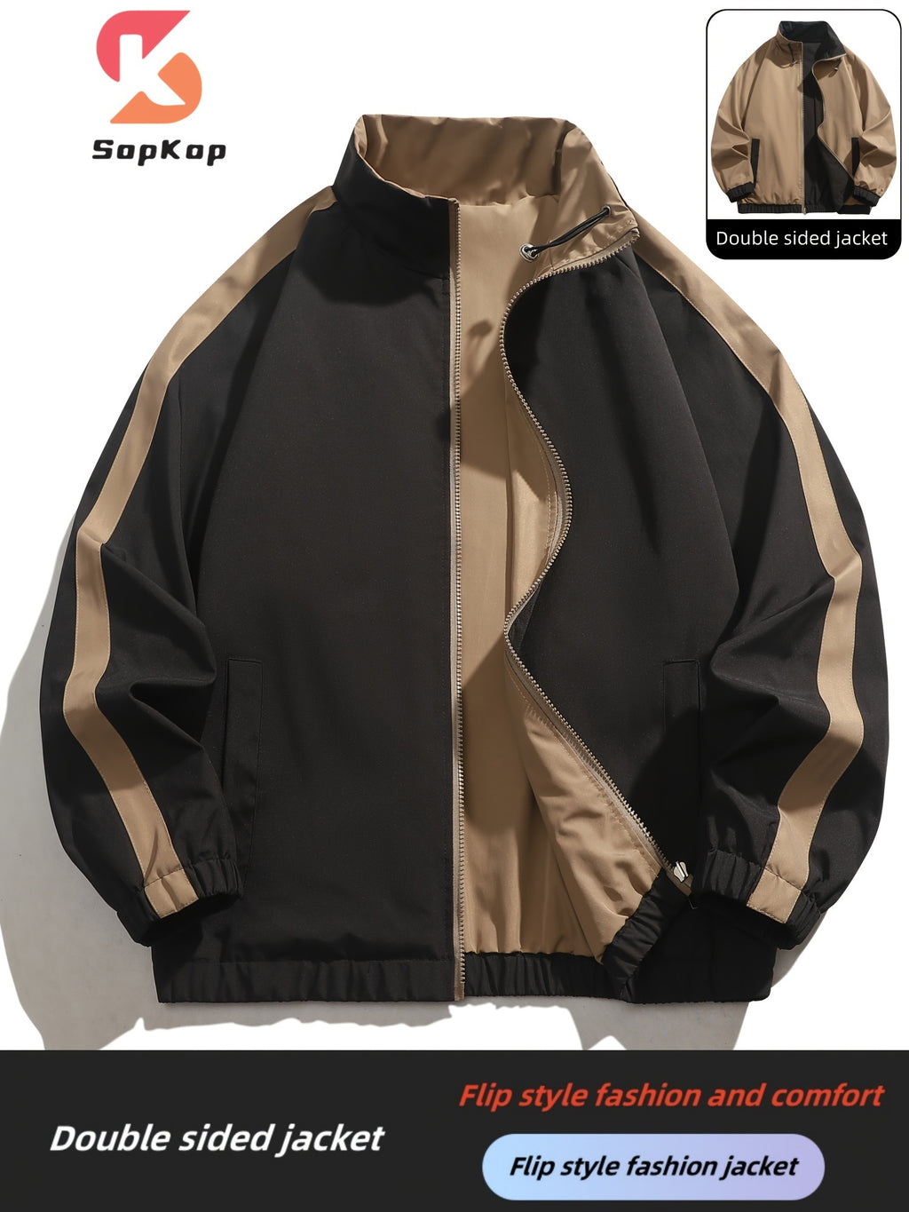 Veste r¨¦versible homme d¨¦contract¨¦e, Veste r¨¦versible homme d¨¦contract¨¦e avec poches, col montant zipp¨¦e, manches longues pour ext¨¦rieur