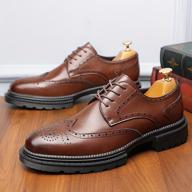 Men's Genuine Leather Business Casual Shoes - Breathable Low-Top Lace-Up Formal & Semi-Formal Footwear with Thick Rubber Sole, Pointed Toe, Black for Office & Casual Wear