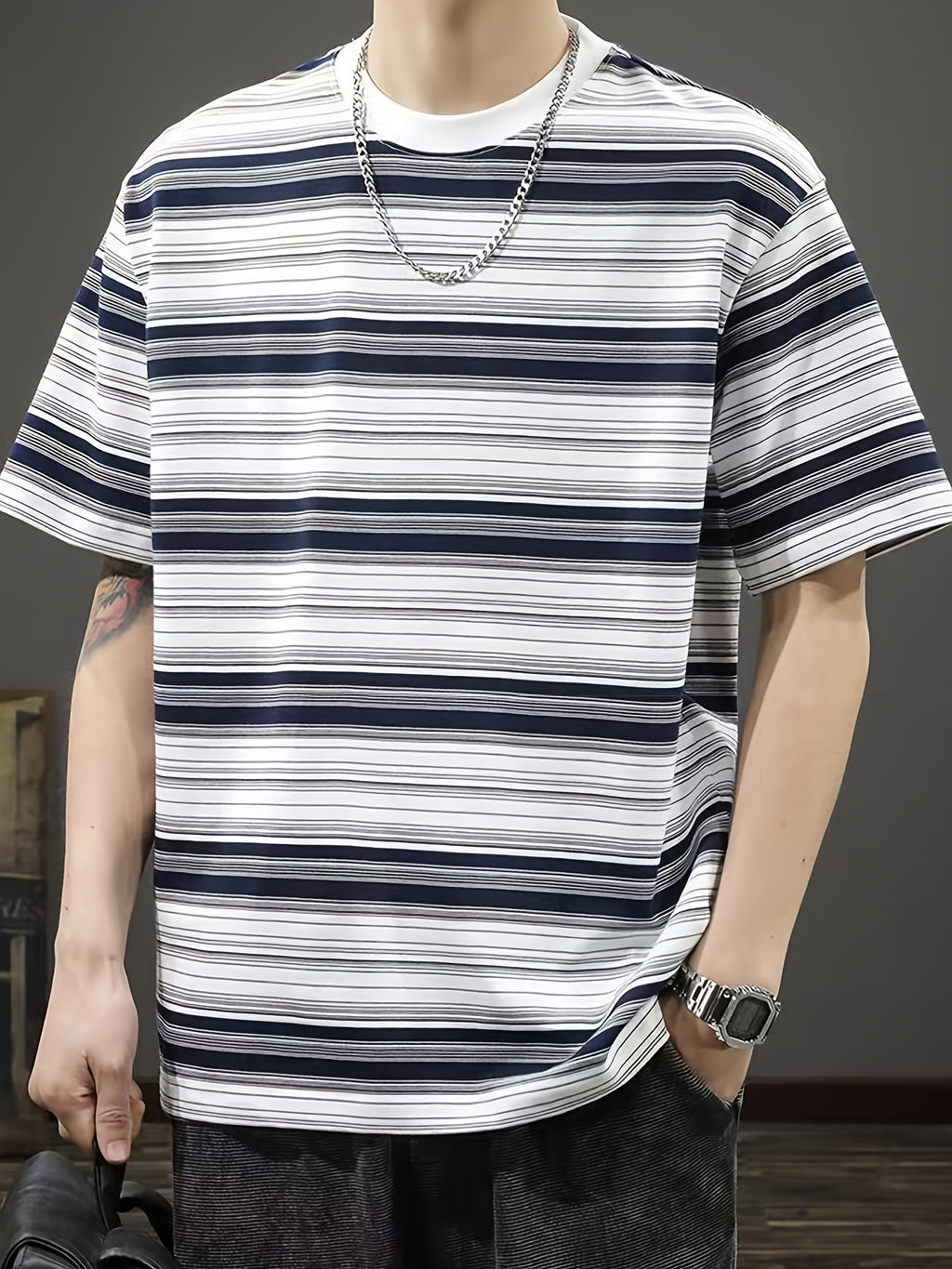Men'S Summer Casual Striped T-Shirt, Crew Neck, Loose Fit, Polyester 95% Spandex 5%, Medium Stretch Knit Fabric, 180gsm - Fashionable Tee for Men