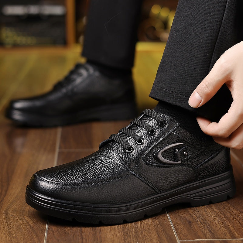 Men's New Spring Genuine Leather Shoes, Top Layer Cowhide Genuine Leather Breathable Business Casual Shoes Retro Trendy Soft Sole Anti-slip Lace-up Round Head Large Size Men's Shoes