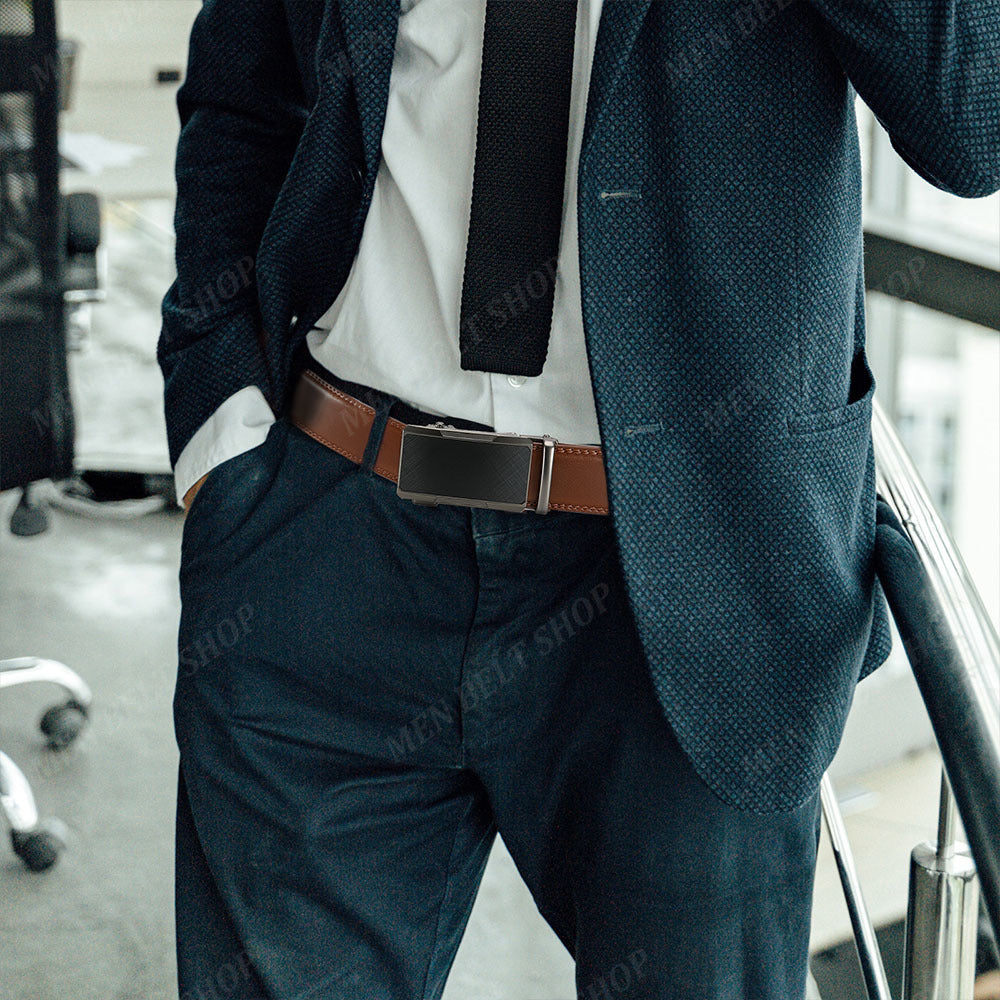 2pcs Ceintures en Cuir de Qualit¨¦ Sup¨¦rieure pour Hommes - Longueur R¨¦glable, Durable avec Boucle Automatique, Finition Textur¨¦e - Id¨¦ales pour le Port Affaires & D¨¦contract¨¦ en Noir, Marron Fonc¨¦ & Fibre de Carbone Noire, Ceinture en Cuir