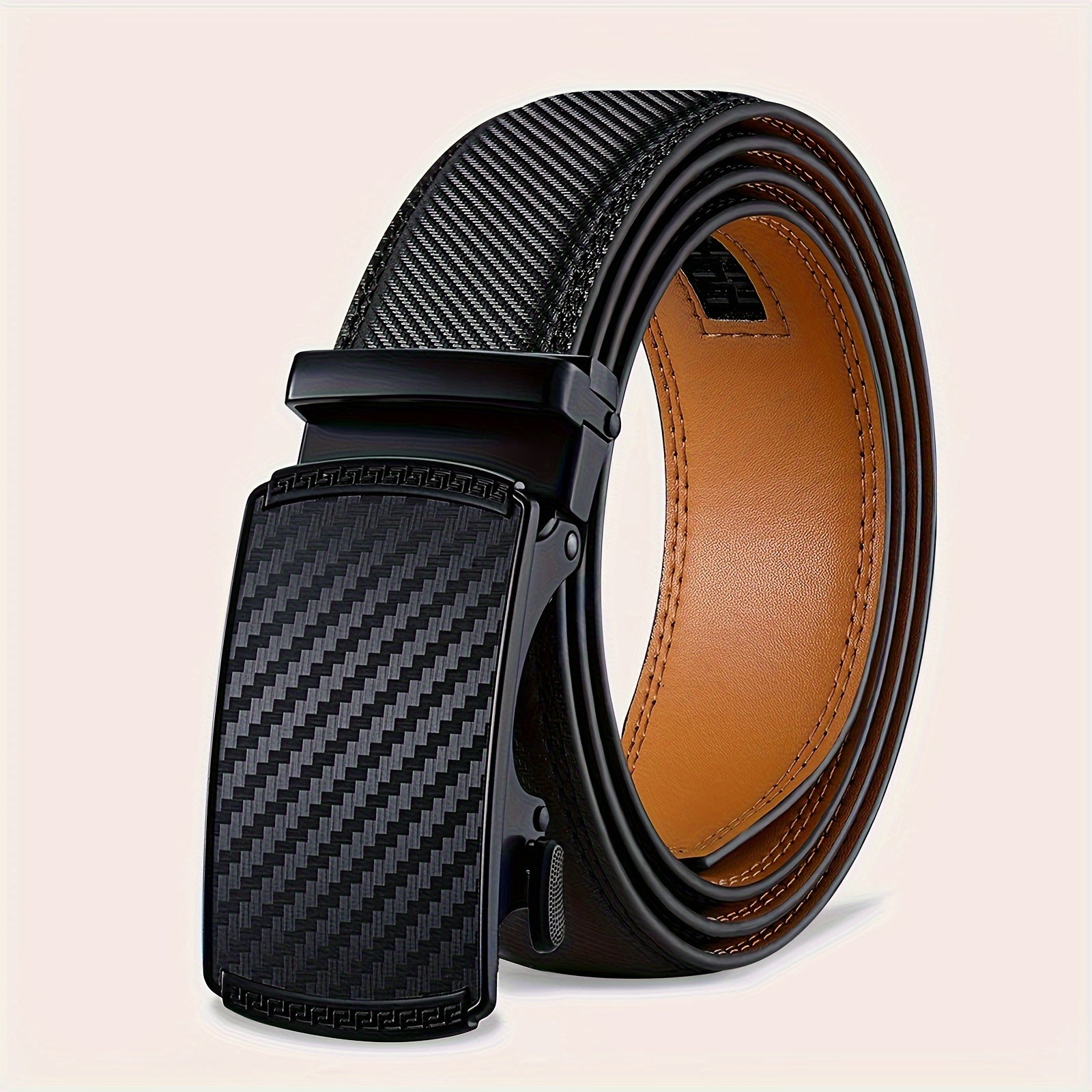 Ceinture en Cuir V¨¦ritable pour Homme Castle Korin - Noire ¨¦l¨¦gante avec Texture en Fibre de Carbone, Largeur Ajustable de 35mm, Boucle Automatique en Alliage pour Affaires ou Tenue D¨¦contract¨¦e