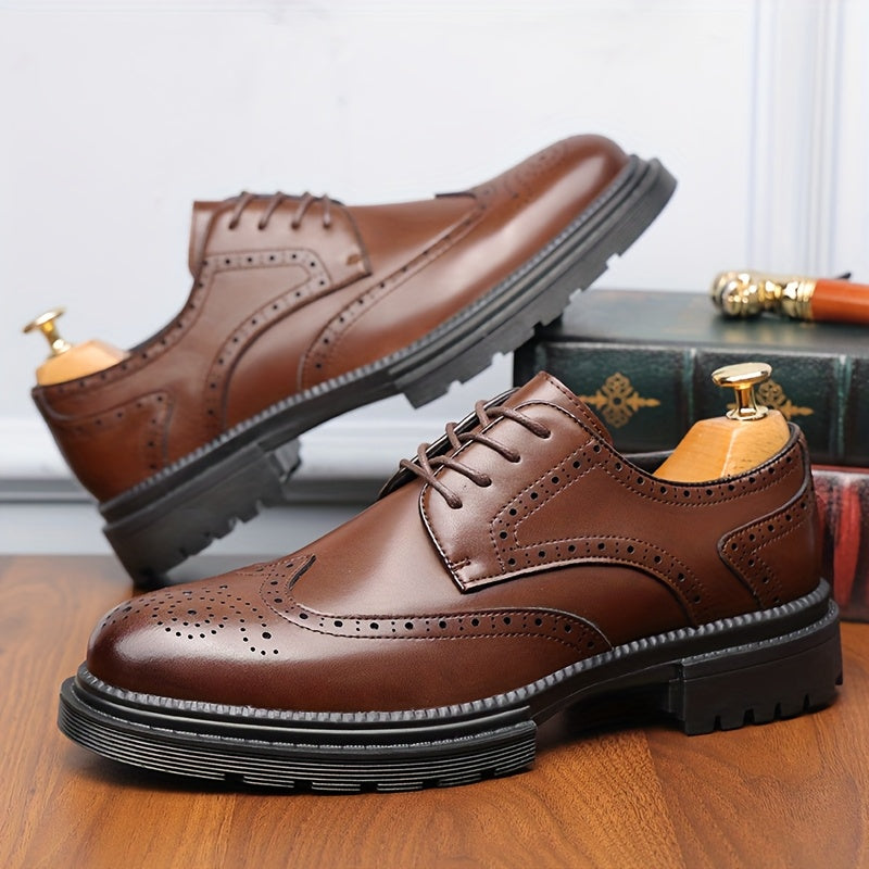 Men's Genuine Leather Business Casual Shoes - Breathable Low-Top Lace-Up Formal & Semi-Formal Footwear with Thick Rubber Sole, Pointed Toe, Black for Office & Casual Wear