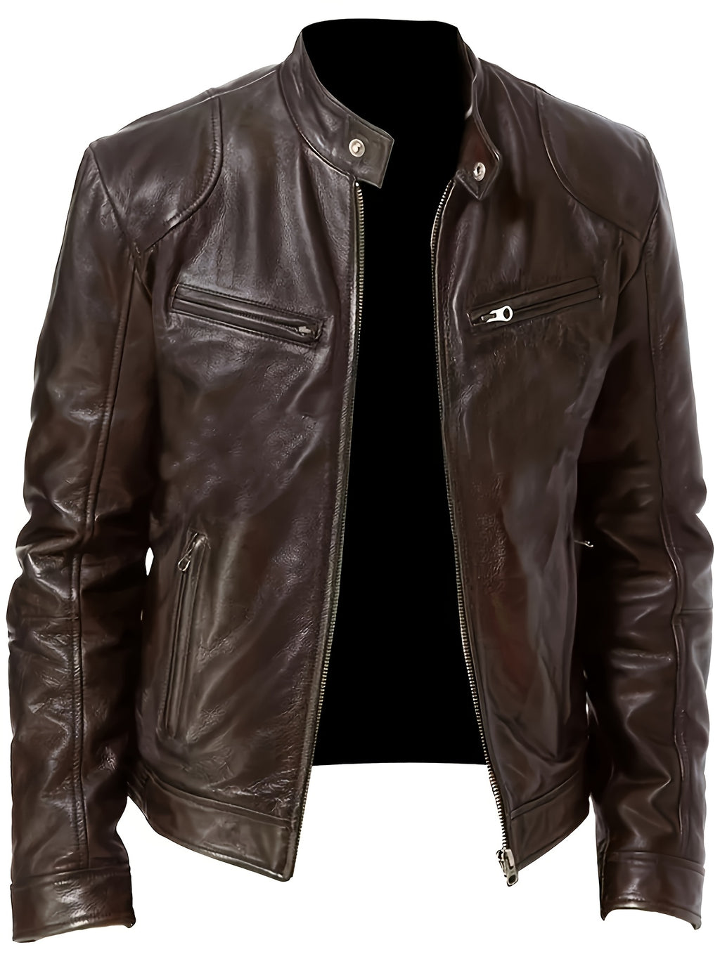 Veste bomber en cuir synth¨¦tique pour hommes - D¨¦contract¨¦e, tendance, veste de moto avec fermeture ¨¦clair et poches, design ¨¤ blocs de couleur marron et noir