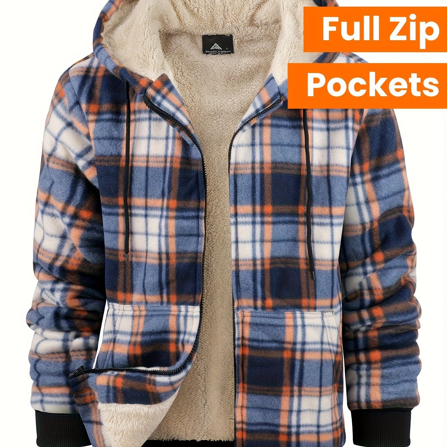 Veste ¨¤ capuche doubl¨¦e en polaire pour homme - Motif ¨¤ carreaux, fermeture ¨¦clair int¨¦grale, manteau d'hiver chaud avec poches, style d¨¦contract¨¦ pour l'automne\u002Fhiver, veste d'hiver