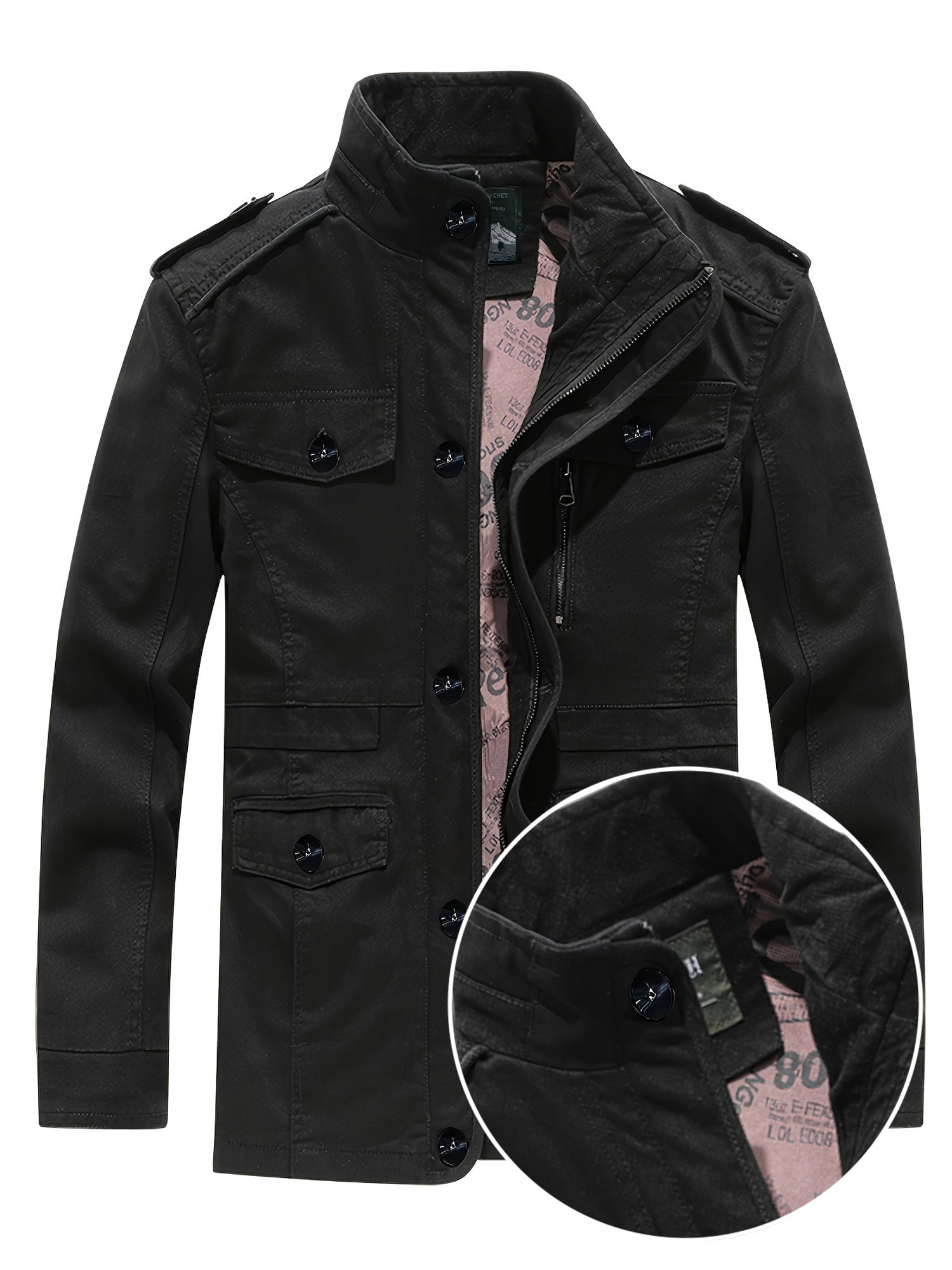 Veste de travail multi-poches ¨¤ col montant r¨¦tro am¨¦ricain Vintage pour hommes, hauts d'ext¨¦rieur d¨¦contract¨¦s de couleur unie printemps\u002Fautomne