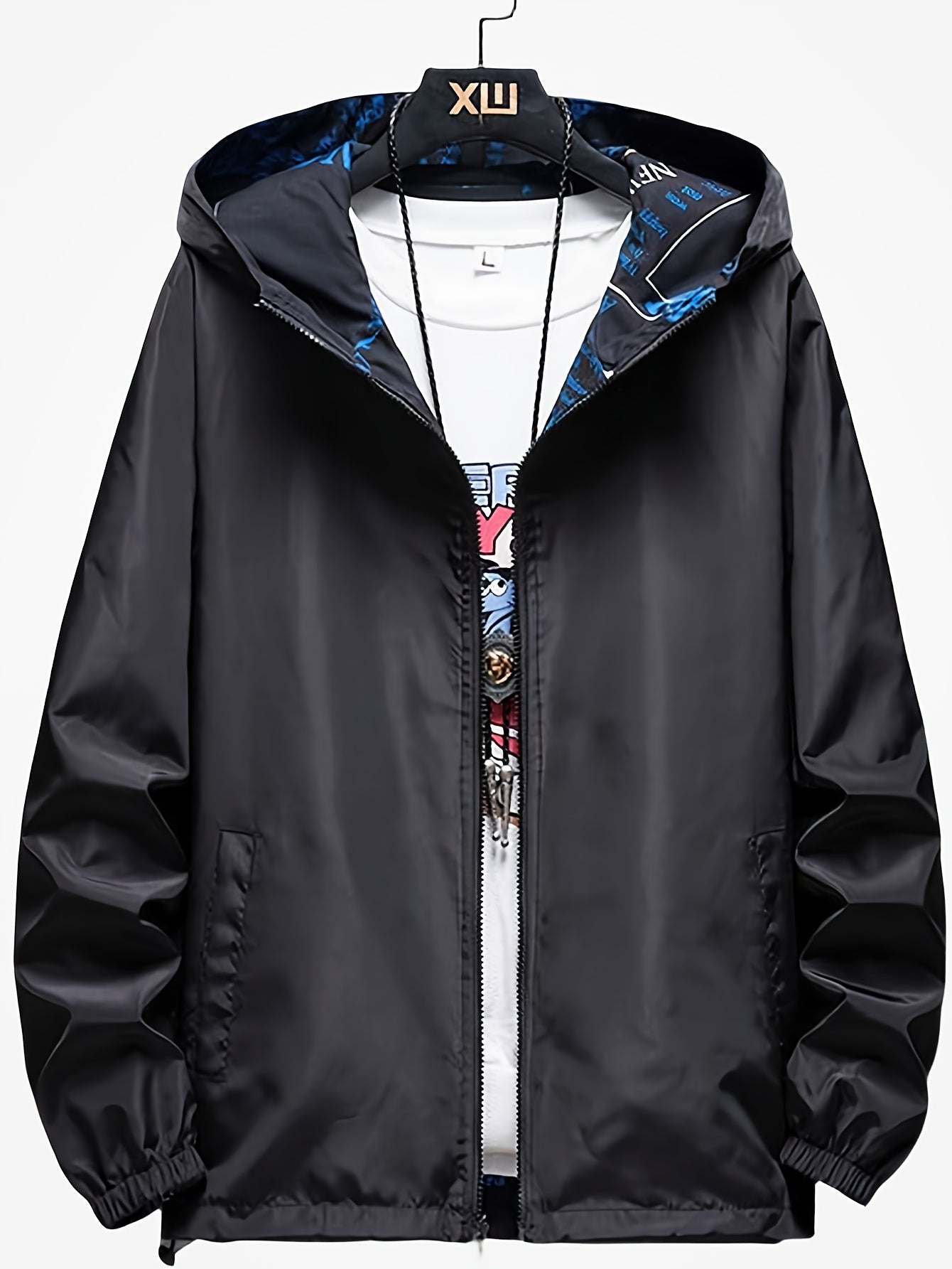 Veste ¨¤ capuche d¨¦contract¨¦e pour hommes avec impression de lettres, veste coupe-vent chic pour le sport et l'¨¦cole