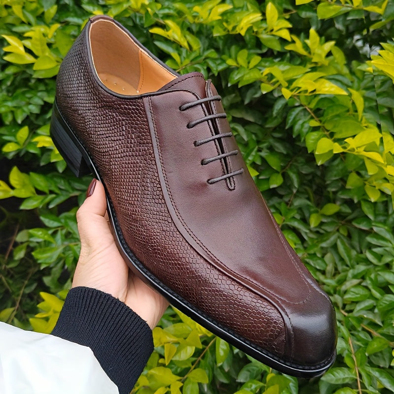 Men's Solid Colour Top Grain Cow Leather Upper Plain Toe Oxford Shoes, Comfy Non Slip Lace Up Rubber Sole Dress Shoes