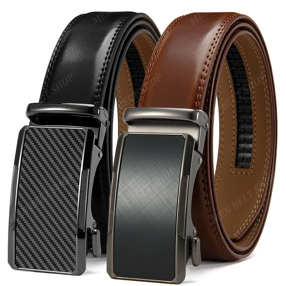 2pcs Ceintures en Cuir de Qualit¨¦ Sup¨¦rieure pour Hommes - Longueur R¨¦glable, Durable avec Boucle Automatique, Finition Textur¨¦e - Id¨¦ales pour le Port Affaires & D¨¦contract¨¦ en Noir, Marron Fonc¨¦ & Fibre de Carbone Noire, Ceinture en Cuir