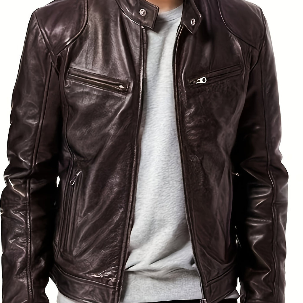 Veste bomber en cuir synth¨¦tique pour hommes - D¨¦contract¨¦e, tendance, veste de moto avec fermeture ¨¦clair et poches, design ¨¤ blocs de couleur marron et noir
