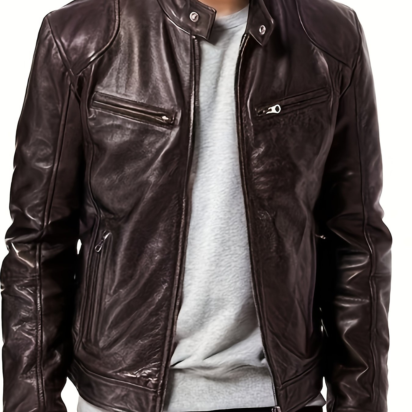 Veste bomber en cuir synth¨¦tique pour hommes - D¨¦contract¨¦e, tendance, veste de moto avec fermeture ¨¦clair et poches, design ¨¤ blocs de couleur marron et noir