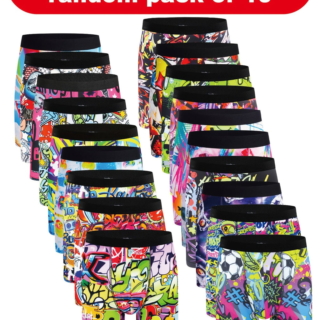 10pcs Boxers Longs pour Hommes ¨¤ Imprim¨¦ Graffiti - Respirants, M¨¦lange de Polyester Extensible, Sous-v¨ºtements Non-Transparents