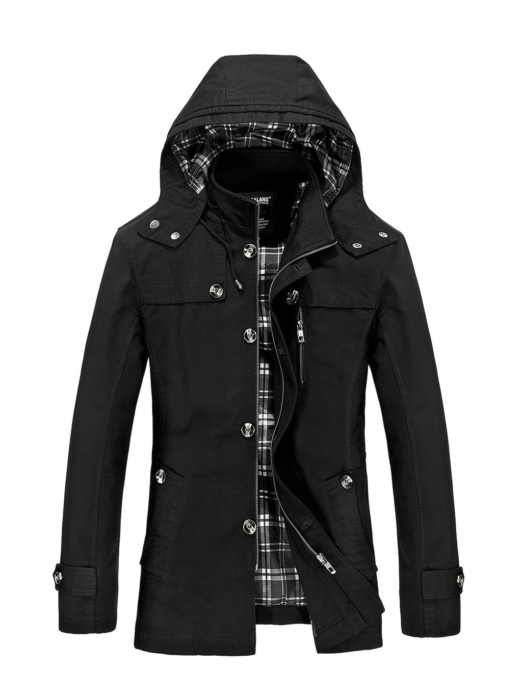 1 veste de trench en coton pour homme, mi-longueur, ¨¤ capuche, avec poches, couleur unie, coupe r¨¦guli¨¨re, tissu tiss¨¦, non extensible pour loisirs en plein air au printemps\u002Fautomne