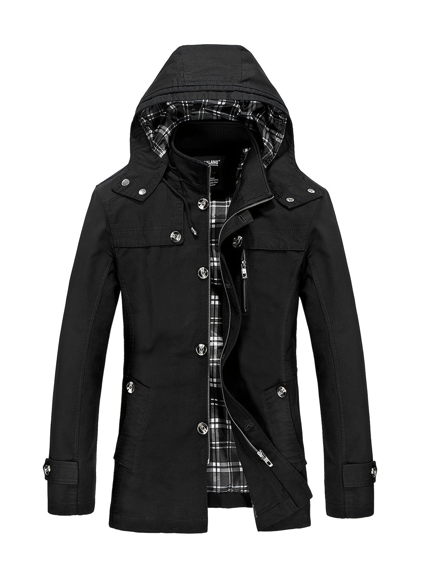 1 veste de trench en coton pour homme, mi-longueur, ¨¤ capuche, avec poches, couleur unie, coupe r¨¦guli¨¨re, tissu tiss¨¦, non extensible pour loisirs en plein air au printemps\u002Fautomne