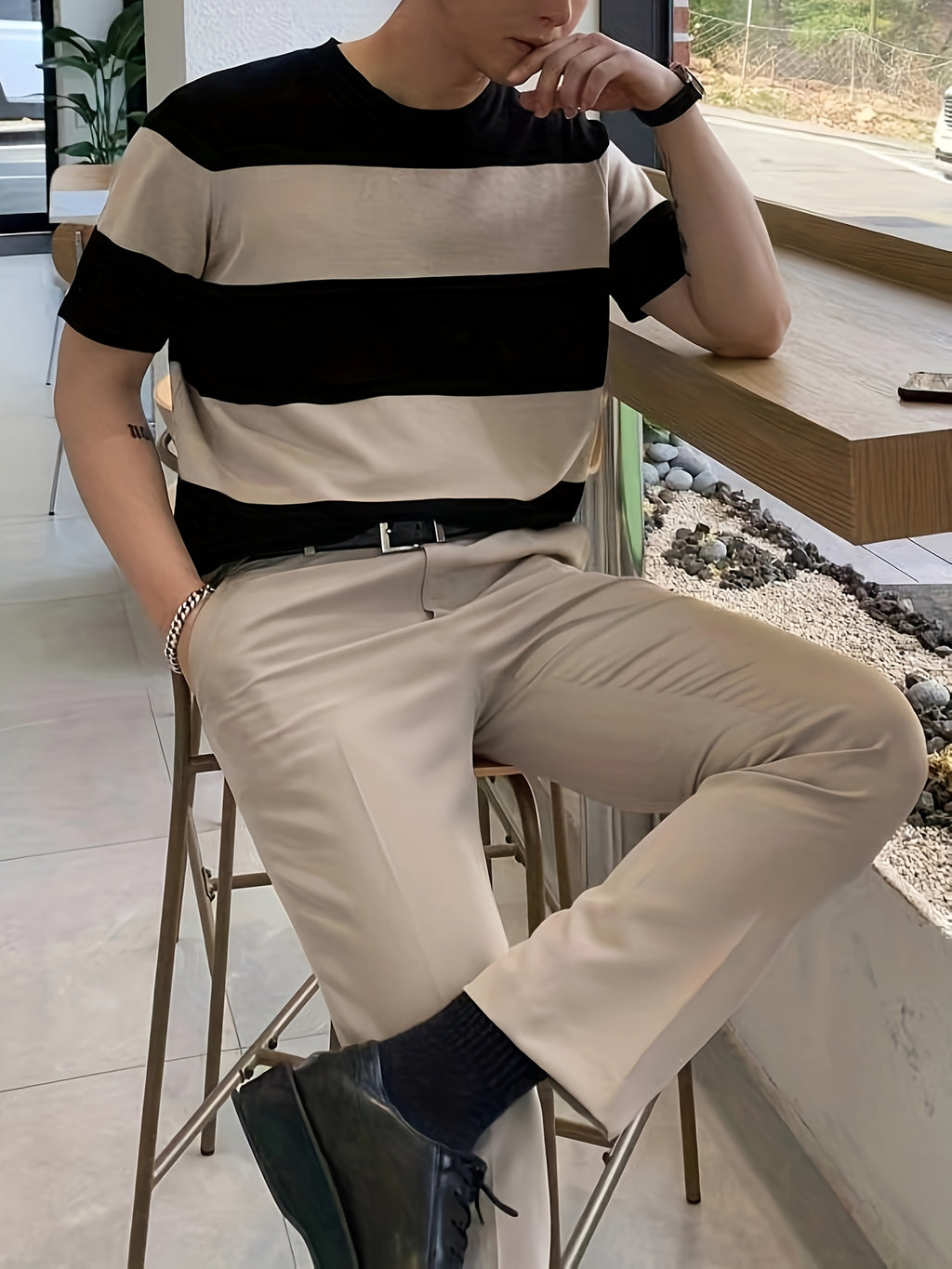 Men'S Premium Striped Color-Blocked Lightweight Knitted Short-Sleeve Shirt 490