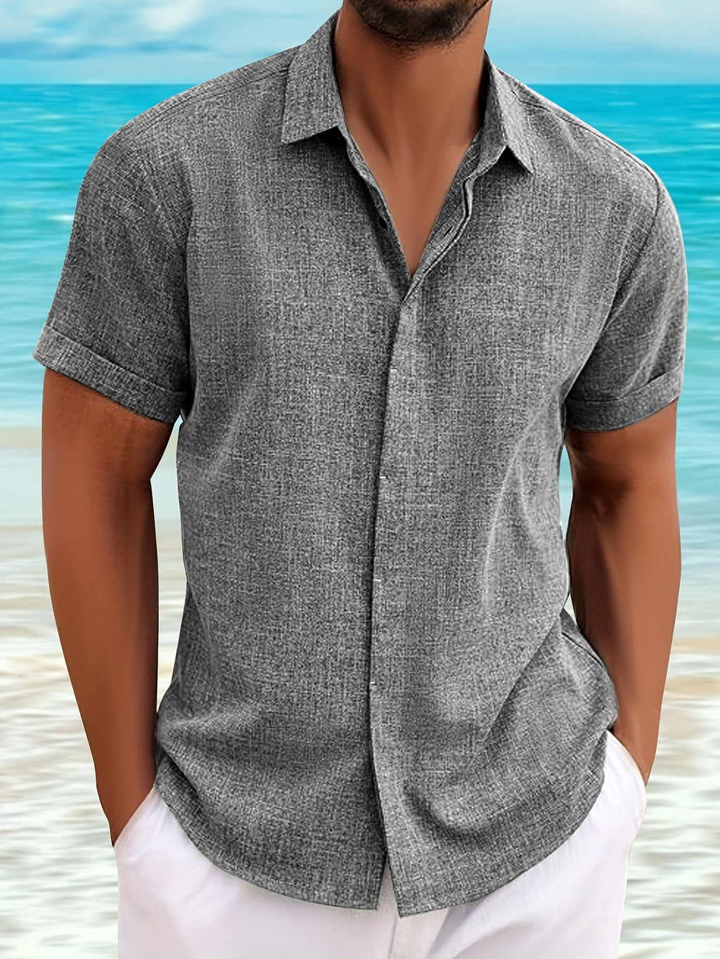 Casual Short-Sleeved Blue Linen Shirt for Men, Featuring an Invisible Button-Up Design, Perfect for Summer Weddings at The Beach.