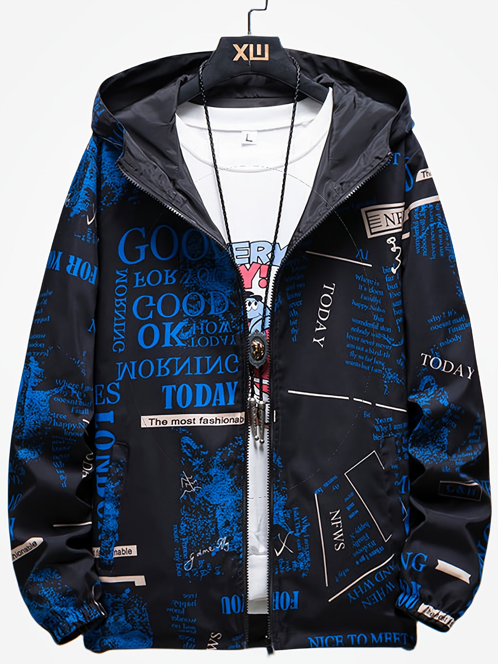 Veste ¨¤ capuche d¨¦contract¨¦e pour hommes avec impression de lettres, veste coupe-vent chic pour le sport et l'¨¦cole