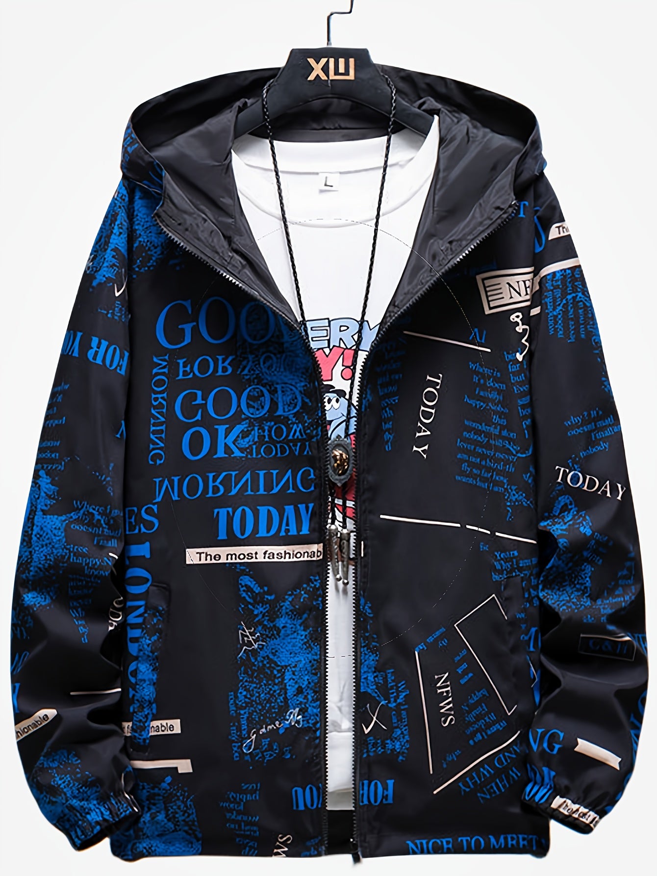 Veste ¨¤ capuche d¨¦contract¨¦e pour hommes avec impression de lettres, veste coupe-vent chic pour le sport et l'¨¦cole